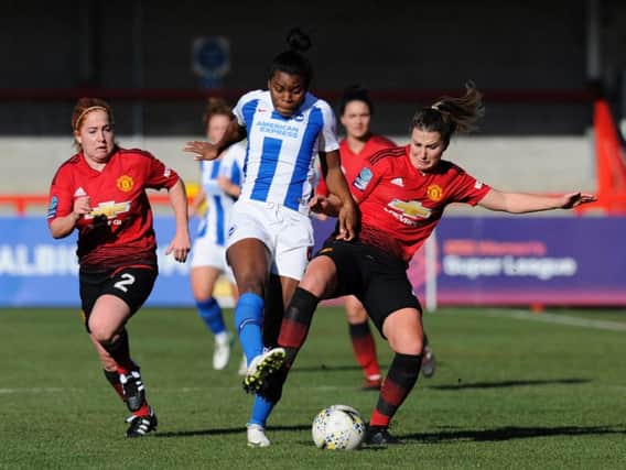 Brighton & Hove Albion's Ini Umotong (in action against Manchester United in the fourth-round of the SSE Women's FA Cup) scored the winner in their 2-0 win over Liverpool in the FA Women's Super League. Picture by Alex Burstow/Getty Images.