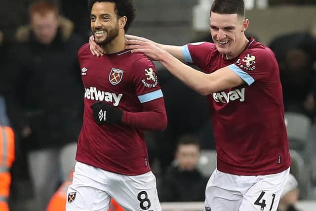 West Ham midfielder Felipe Anderson celebrates a goal with Declan Rice. Picture by Ian MacNicol/Getty Images