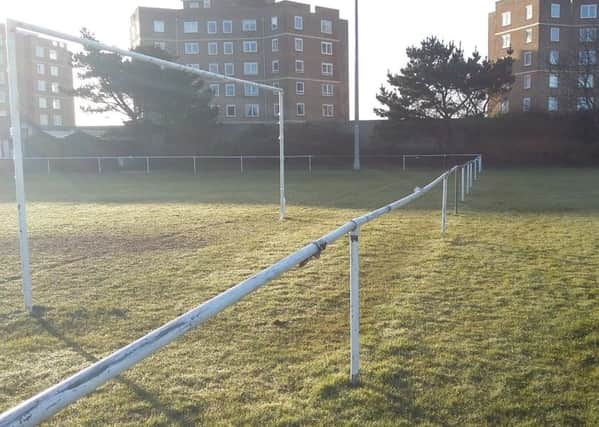 The goal at the western end of The Polegrove, behind which Bexhill United Football Club is hoping to install a hard-standing spectator path