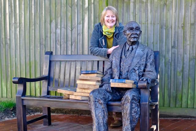 Sculptor Victoria Atkinson with the Rudyard Kipling figure. Photograph: Tom Reynolds
