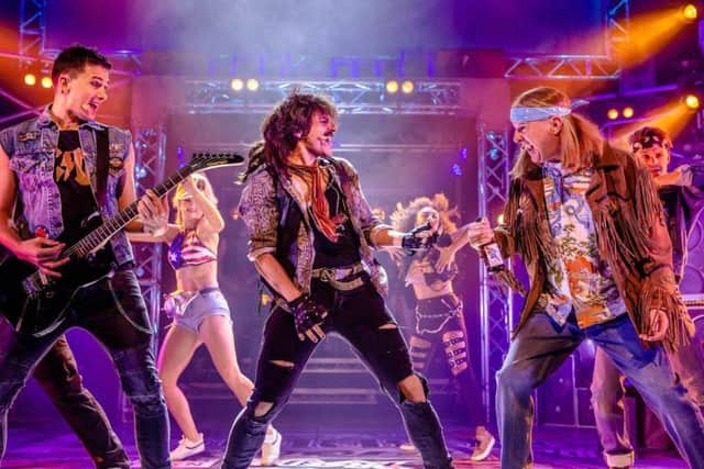 Luke Walsh as 'Drew', Lucas Rush as 'Lonny' and Kevin Kennedy as 'Dennis' in Rock of Ages - credit Richard Davenport