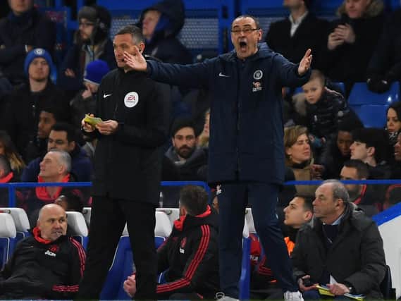 Maurizio Sarri, Manager of Chelsea reacts during the FA Cup Fifth Round match between Chelsea and Manchester United at Stamford Bridge (Photo by Mike Hewitt/Getty Images)