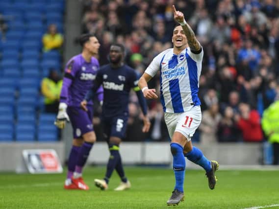 Anthony Knockaert celebrates scoring in Brighton's FA Cup win against Derby on Saturday. Picture by PW Sporting Photography