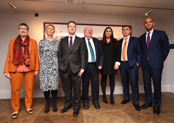 (L-R) Labour MP's Anne Coffey, Angela Smith, Chris Leslie, Mike Gapes, Luciana Berger, Gavin Shuker and Chuka Umunna announce their resignation from the Labour Party 775300582