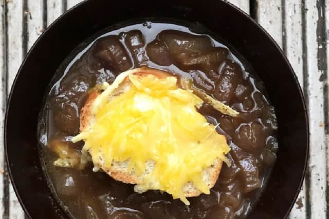 French onion soup with vegan cheese