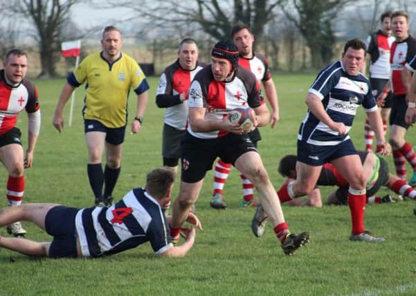 Dave 'Big Smudge' Smith marauding through the Crowborough defence during Rye Rugby Club's 81-24 victory. Picture courtesy Tom Pierce