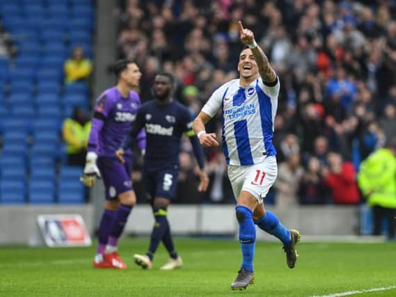 Anthony Knockaert celebrates scoring in the FA Cup against Derby. Picture by PW Sporting Photography