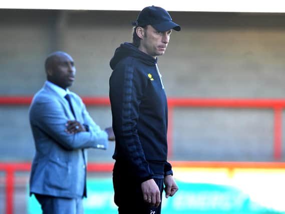 Crawley boss Gabriele Cioffi alongside counterpart Sol Campbell. Picture by Steve Robards