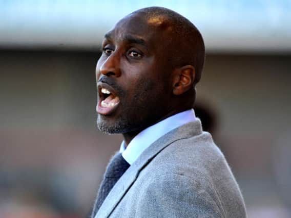 Former England captain Sol Campbell shouts instructions to his players during Macclesfield Town's 1-1 draw at Crawley Town.
Picture by Steve Robards