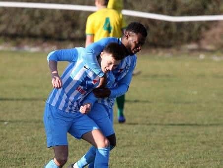 Worthing United celebrate a goal against Hailsham Town. Picture: Derek Martin
