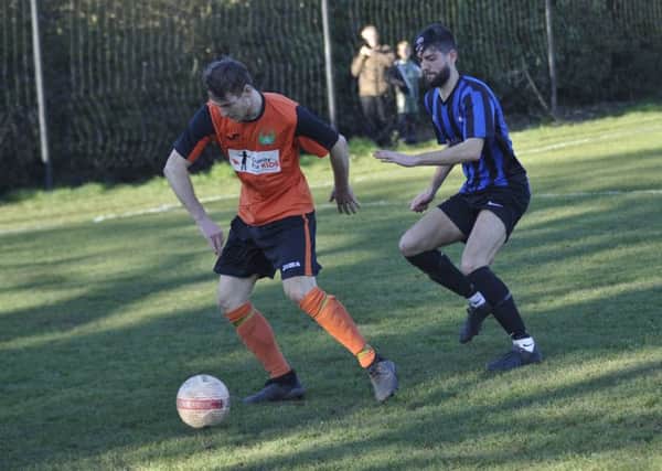 Two-goal George King on the ball during Westfield's 5-1 win at home to Worthing Town