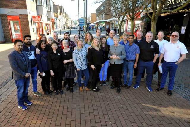 Councillor Anne Jones and local traders who want to get the message across that they are 'open for business' in Burgess Hill. Photo: Steve Robards SR1904867 SUS-190226-154314001