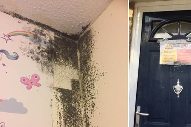 Black mould spreading in the children's room and an asbestos warning on family's front door