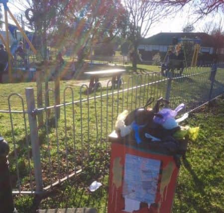 An overflowing poo bin next to a children's play area in Princes Park, Eastbourne, photo by Anne Norton