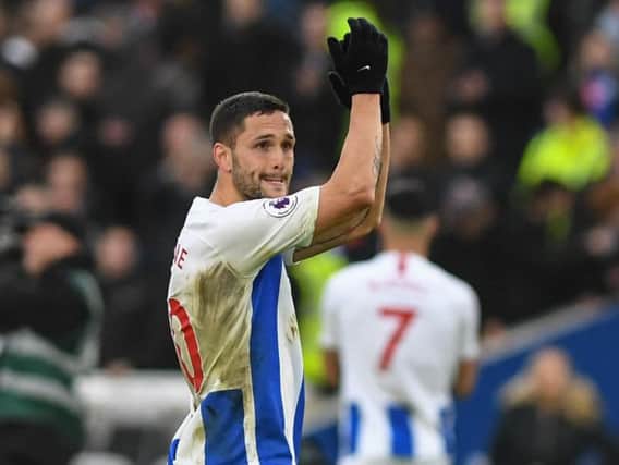 Florin Andone applauds the Albion fans at the final whistle. Picture by PW Sporting Photography