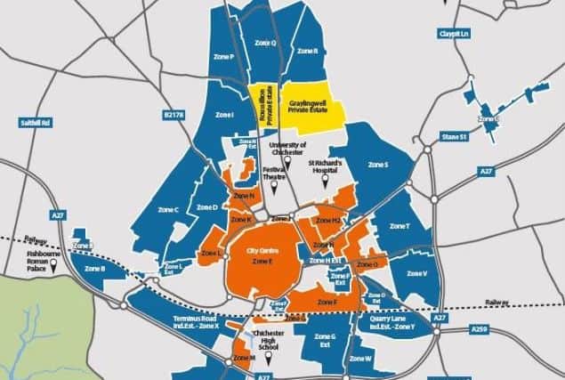 Proposed Chichester Parking Management Plan. WSCC consultation 01-03-19. Blue areas mark new controlled parking zones. Orange areas are existing CPZs.