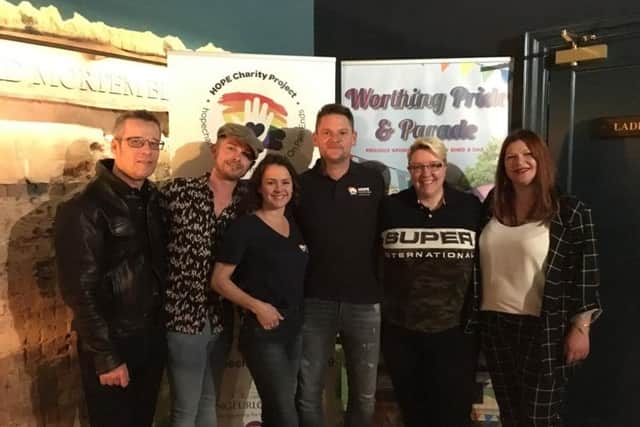 Pride organisers Andy Kelly and James Spencer, Claire Sparrow and Paul Mant, founders of HOPE Charity Project, stage manager Claire Fuller and Keira Thomas from Greater Brighton Metropolitan College
