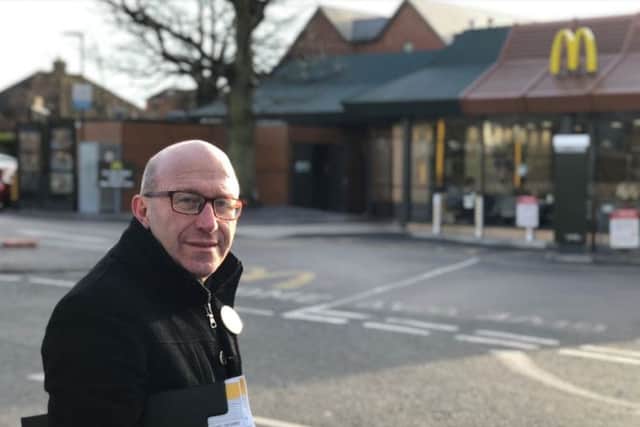 Robert Eggleston, Mid Sussex PPC, outside McDonalds in Burgess Hill