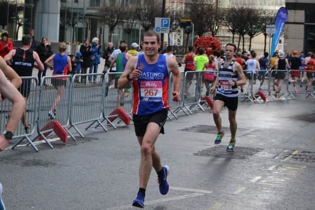 Rhys Boorman (blue vest) on his way to a personal best at the Vitality Big Half