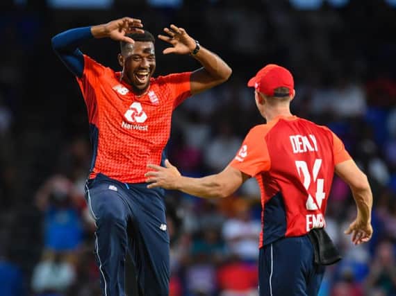 Chris Jordan of England celebrates the dismissal of Fabian Allen of West Indies during the 2nd T20I between West Indies England at Warner Park, Basseterre, Saint Kitts and Nevis, on March 08, 2019. (Photo by Randy Brooks / AFP)