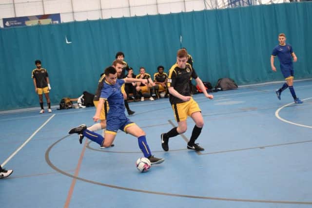 The University of Chichester men's futsal team (in blue) lost the South Eastern Conference final on penalties to Westminster. Pictures by Jack Youren and Hector Clements.
