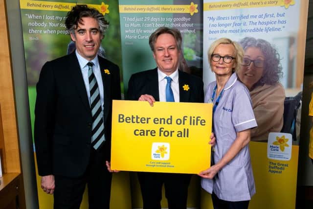 Crawley MP Henry Smith and actor Stephen Mangan, pictured with Patricia McDonnell, a Marie Curie rapid response healthcare assistant, are supporting the Marie Curie appeal