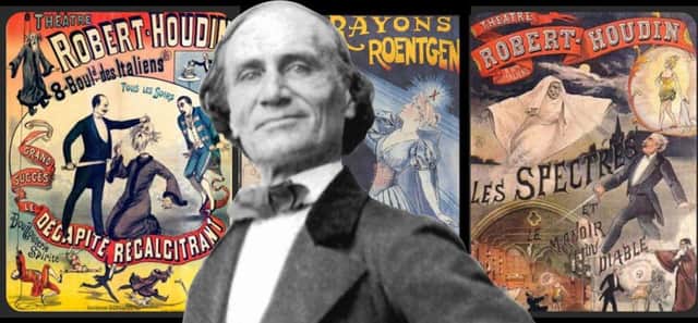 Jean-Eugene Robert-Houdin pictured before a trio of graphic posters advertising his magic shows at various French venues in the mid 19th Century. Robert-Houdin was hailed as The Father of Modern Magic and part of his surname was adopted in tribute by the ace escapologist Harry Houdini.