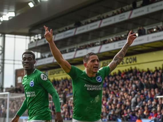 Anthony Knockaert celebrates his stunning winner against Crystal Palace. Picture: Phil Westlake (PW Sporting Photography)