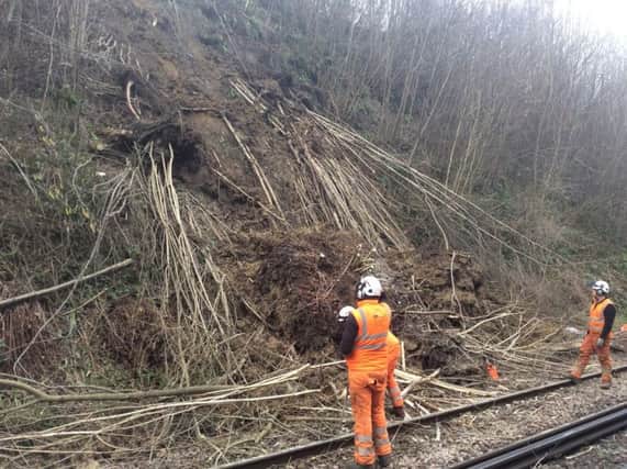 A landslip is causing major disruption on the railway line between Robertsbridge and Tunbridge Wells. Photo courtesy of Southeastern. SUS-190314-071757001