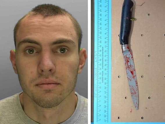 Ivanov (left) with a bloodstained knife that was found near the crime scene. Pictures: Sussex Police