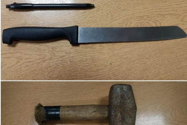 The knife and hammer seized by police. Picture via Sussex Police