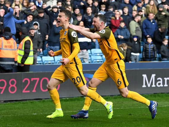 Solly March celebrates his equaliser in Brighton's quarter-final tie with Millwall. Picture courtesy of Getty Images.