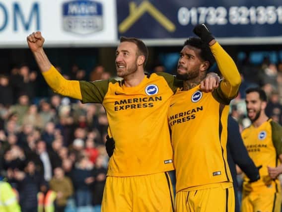 Jurgen Locadia celebrates with Glenn Murray. Picture by PW Sporting Photography