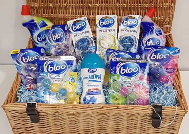 A hamper chock-full of Bloo cleaning products