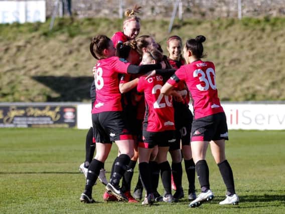 Lewes Women celebrate a goal against Millwall Lionesses. Picture by James Boyes