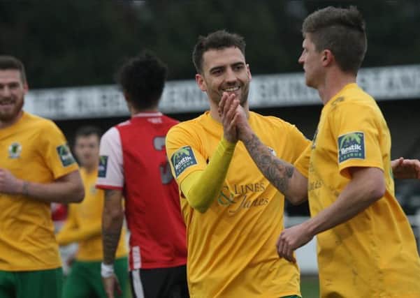 Greenwich Borough v Horsham. Chris Smith is congratulated by Jack Brivio. Picture by John Lines