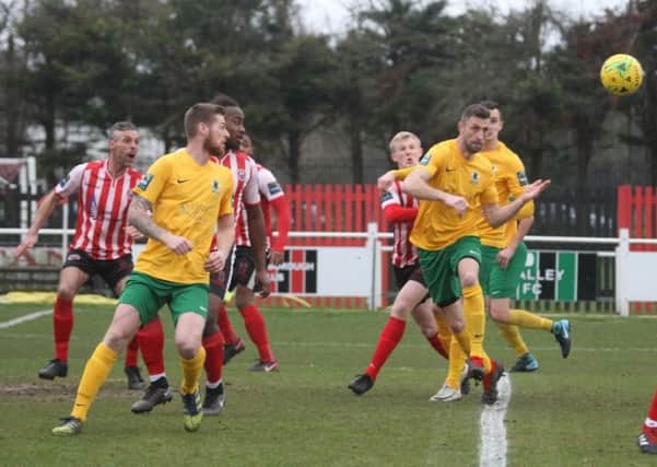 Greenwich Borough v Horsham. Joe Shelley is about to head home the opening goal. Picture by John Lines