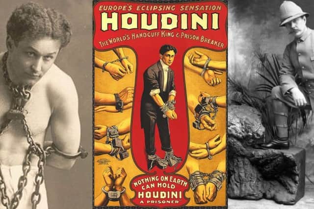 Left: Harry Houdini prepares to thrill an audience as he demonstrates his uncanny ability to escape from seemingly unbreakable bonds. Famous author Sir Arthur Conan Doyle (right) believed that Houdini had supernatural skills. The two men became friends but later clashed on matters spiritual. SUS-190320-162054001