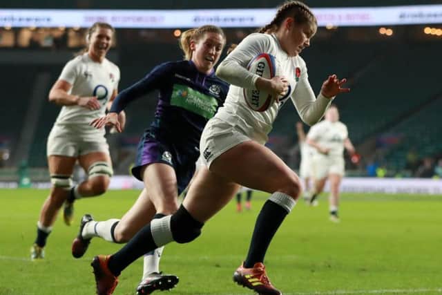 Jess Breach on her way to a try against Scotland / Picture from RFU Collection via Getty Images