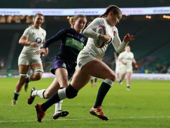 Jess Breach on her way to a try against Scotland / Picture from RFU Collection via Getty Images