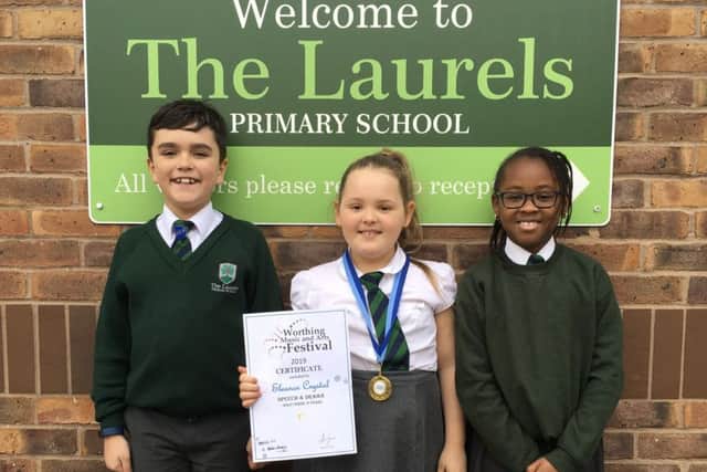 Oliver Marrett, Eleanor Crystal and Joy Prince from The Laurels Primary are celebrating after success at the Worthing Art and Music Festival