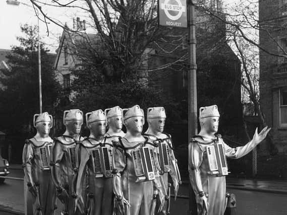 19th January 1967: The Cybermen, enemies of Dr Who, the children's Sci-Fi programme on BBC TV seem to have lost their way and are reduced to queuing at a bus stop
