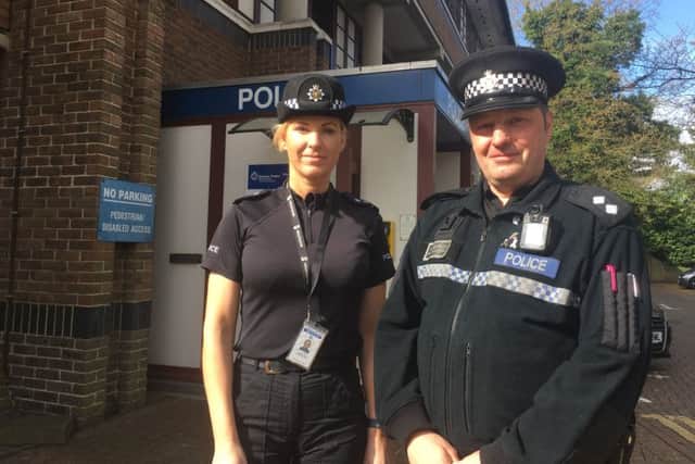 Chief Inspector Rosie Ross and Inspector Pete Dommett outside Haywards Heath Police Station