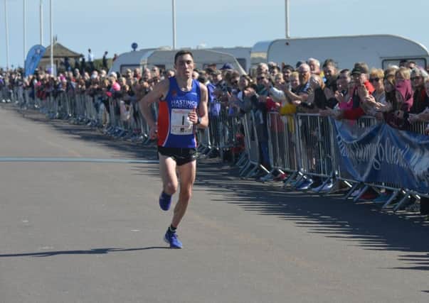 Gary Foster comes home to finish second in the Hastings Half Marathon yesterday morning. Picture by Justin Lycett