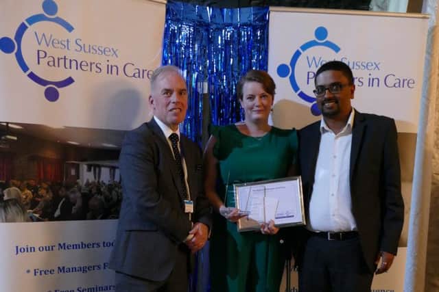 Sara Hornsey, registered manager of Albany House Care Home in Bognor Regis, is presented with an award in the WSPiC West Sussex Partners in Care (Care Association) annual Care Accolades