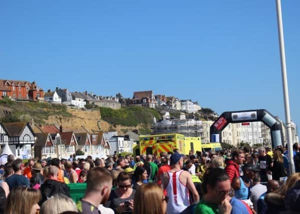 Emergency services at the finish line of the Hastings Half Marathon. Picture: Kevin Boorman