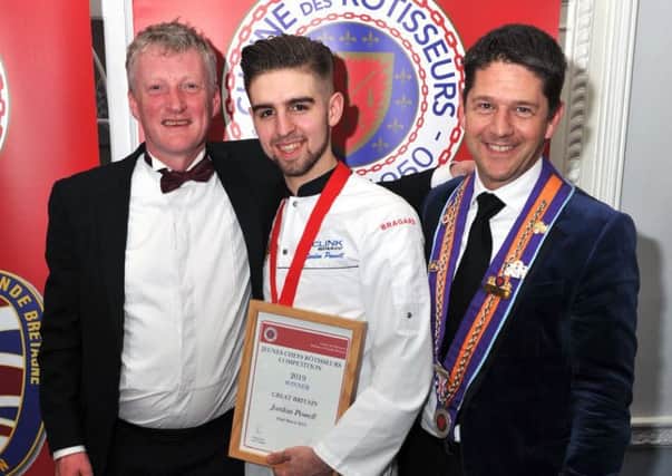 Jordon Powell, Chaine des Rotisseurs Chef of the Year 2019, with South Lodge's head chef Lewis Hamblet and general manager David Conell. Picture: Keith Meadley Photography SUS-190327-100834001