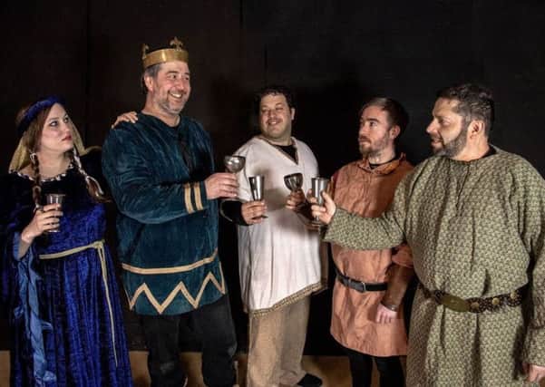 Wick Theatre Company's cast for Macbeth, Jaqueline Harper-Felman as Lady Macbeth, Guy Steddon as Macbeth, Sam Rasavi as Lennox, Elliot Robinson as Angus and Dan Dryer as Ross