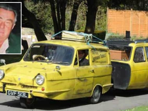 The yellow Reliant Robin as it pulled in to Chichester Crematorium. Inset, Colin Bird. Picture by Kate Shemilt.