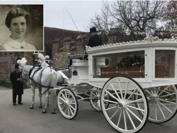 The white horses and cart as Belinda's coffin arrived at the cathedral. Inset, Belinda